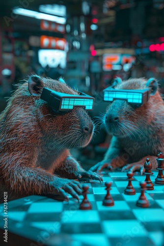 Capybaras engaging in a game of virtual reality chess, their opponents being sentient AI programs with uncanny strategic prowess, no contrast