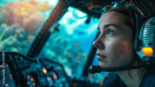 A female pilot studies the life of the ocean's underwater ecosystem from an underwater vehicle