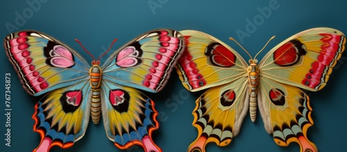 Three colorful butterflies, important pollinators within the insect world, rest on a blue surface. These arthropods are vital organisms for creative arts like sleeve embroidery and headgear design