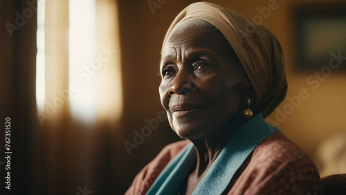 Portrait of confident black elderly elegant lady. Senior ethnic woman with grey afro hair at home