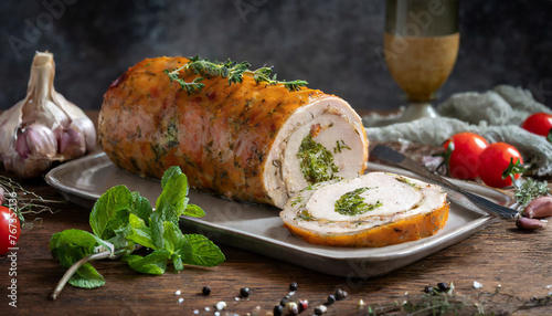 Turkey roulade with herbs on wooden table. Tasty dish. Delicious food.