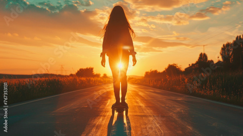 The silhouette of a young woman riding a skateboard on the road, the bright light of the sun.
