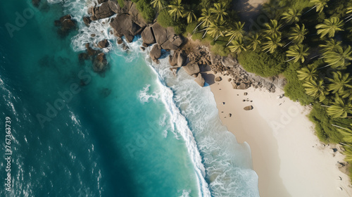 water flowing into the water, A bird’s-eye perspective of Red Frog Beach, where the dense jungle meets the turquoise sea. The wild coastline is dotted with palm trees, and the vibrant greenery contras