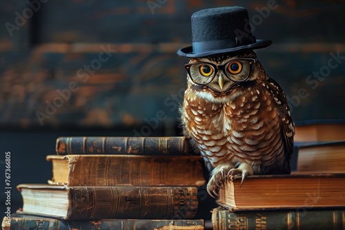 Wise owl wearing glasses and bowler hat standing isolated on vintage old books on dark background with copy space