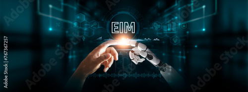 EIM: Robot and Human Hands Touch EIM of Global Networking, Data Governance, Leveraging Artificial Intelligence, Embracing Advanced Analytics for Future Digital Technologies.
