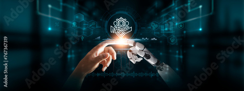 Governance: Hands of Robot and Human Touch Governance Icon of Global Networking, Regulation, Compliance, Ethical Standards in Digital Technologies of Future.
