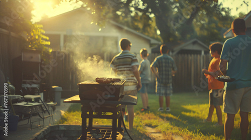 A backyard 4th of July barbecue party with friends and family gathered around the grill.