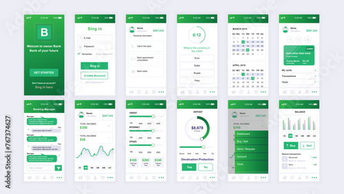 Set of UI, UX, GUI screens Banking app flat design template for mobile apps, responsive website wireframes. Web design UI kit. Banking Dashboard. 