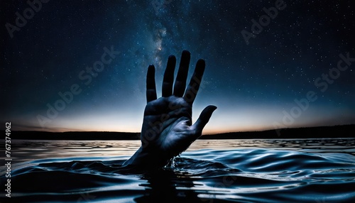 Creepy hand of a drowning person over the night waters with starry sky needing help and rescue