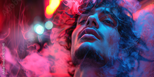 male hookah smoker vaper in a smoky atmosphere with neon light