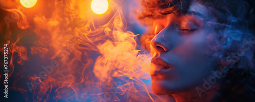 portrait of a young vaper smoker male exhaling vaping vapor with neon light close-up