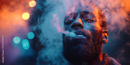 Portrait of black man smoker exhaling cigarette smoke in a smoky atmosphere with neon lights on night