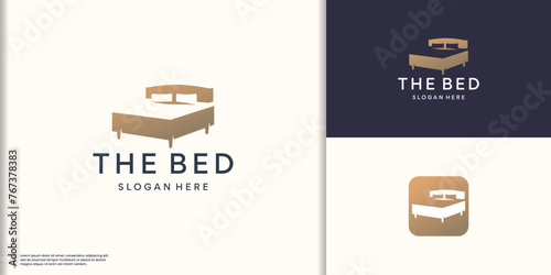 simple bed furniture logo inspiration. golden color inspiration for business interior bedroom vector