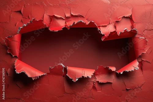 Red grunge background with torn edges and a hole in the center revealing a lighter red background