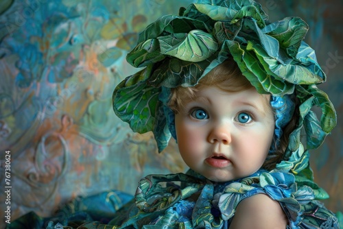 A baby with blue eyes and blond hair, wearing a hat made of green cabbage leaves and a blue dress.