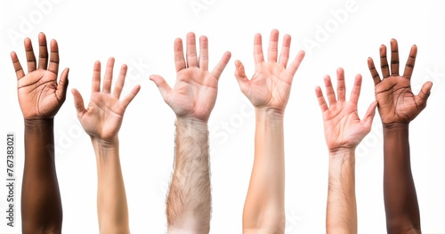 Hands of men of different colors, nationalities and ethnicities, representing diversity, on a white background