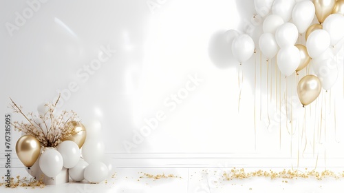 Exquisite mockup featuring a white background adorned with a cluster of pristine white balloons and a dainty ribbon.