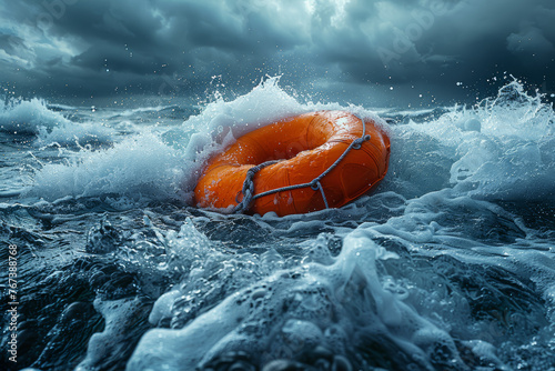 A rescue buoy thrown into stormy seas to aid drowning victims. Concept of lifesaving assistance. Generative Ai.
