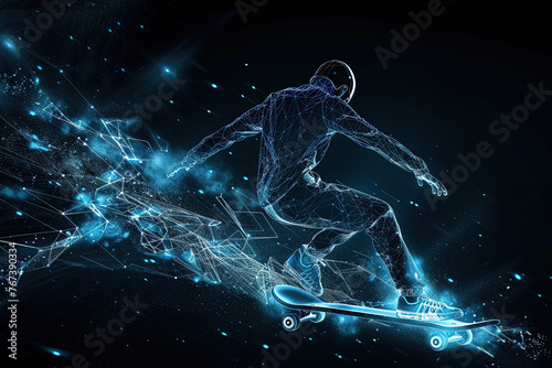 A skateboarder performing a jumping trick. The concept of extreme freestyle sports. Design of clothes, albums, notebooks. Sports banners, postcards