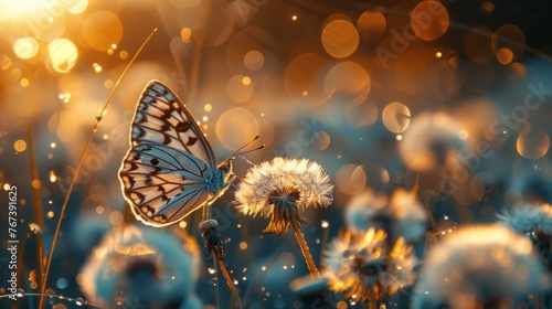 Beautiful Butterfly and Dandelion in a Sunlit Meadow
