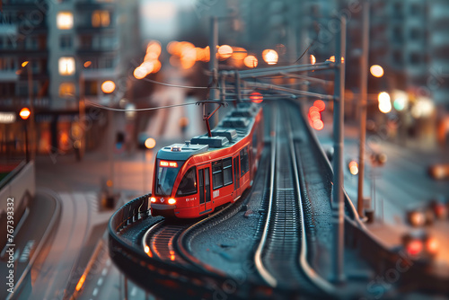 Twilight Glide: Red City Tram Winds Through Urban Dreamscape Banner
