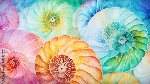 watercolour artistic abstract nautilus shells as background. 