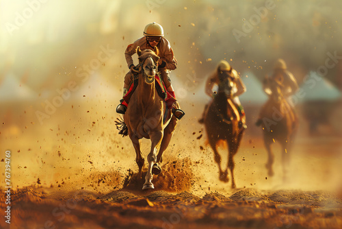 Intense Competition at Sunset: The Equestrian Race Banner