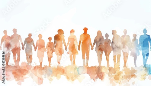A watercolor illustration of multiple people holding hands, walking towards the camera on a white background Generative AI