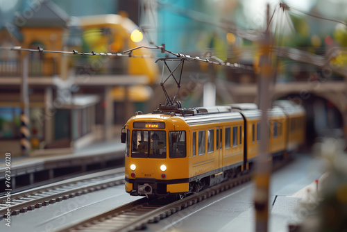 Vintage Yellow Streetcar Model on Miniature City Track Banner