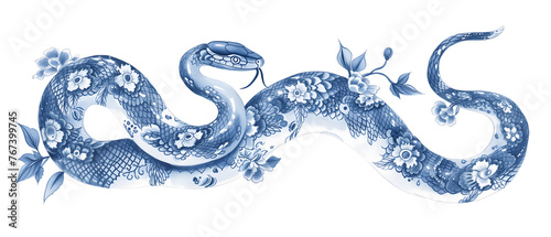 Blue and white snake with floral pattern skin isolated illustration. Oriental Asian porcelain style tattoo sketch. Chinese New Year 2025 Zodiac Snake