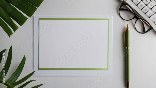 Mockup card birthday wedding background white table paper top greeting view stationery. Card blank postcard mockup birthday frame gift mock flatlay design green leaves happy desk template composition 