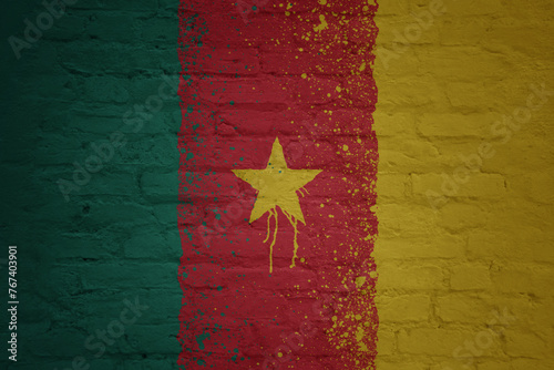 colorful painted big national flag of cameroon on a massive brick wall