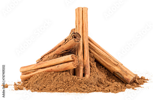 Ceylon cinnamon sticks and cinnamon powder isolated on a white background