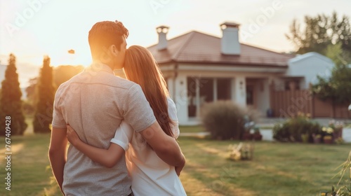 Back view of man and woman embracing and looking at each other while standing near house. Rent and purchase of real estate concept 