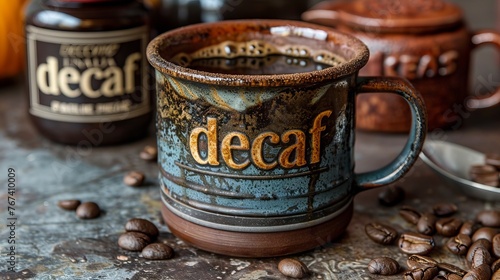 A mug of decaf coffee on a dark brown background, with "decaf" written on the mug. Concept: healthy lifestyle and caffeine-free drinks, alternatives to classic coffee.