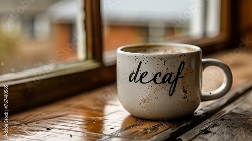 A mug of decaf coffee on a dark brown background, with "decaf" written on the mug. Concept: healthy lifestyle and caffeine-free drinks, alternatives to classic coffee.