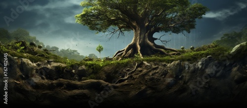 A tree with roots firmly planted in the earth stands tall in the midst of a lush forest. Its trunk, branches, and twigs stretch towards the sky, surrounded by grass and wood in the natural landscape