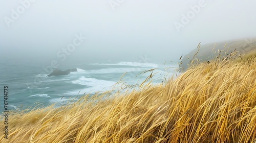 Generative AI : Golden Veldt grass with incoming fog on a windy day along the California coast.