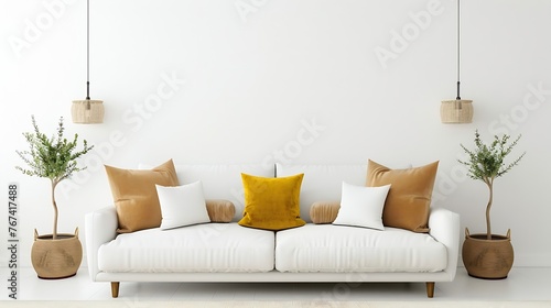 Generative AI : Simple minimal sofa decorated with brown yellow pillows in white living room.