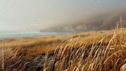 Generative AI : Golden Veldt grass with incoming fog on a windy day along the California coast.