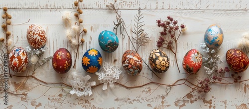 Easter eggs were adorned using a wax-resist technique passed down from Eastern European tradition, featuring contemporary designs. The scene includes a display of Pysanka, dried foliage,