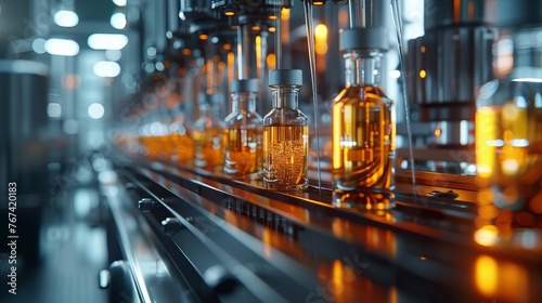 Bottling Production Line Filling Up Glass Bottles With Amber Liquid