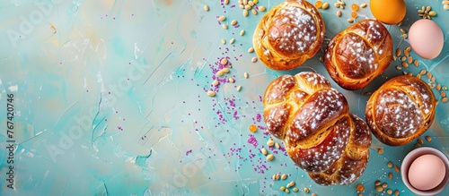 Easter-themed arrangement featuring traditional Orthodox sweet bread, kulich, and eggs on a bright backdrop. Concept for Easter holiday breakfast with space for text.