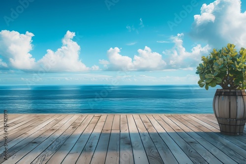 Wooden deck overlooking tranquil ocean