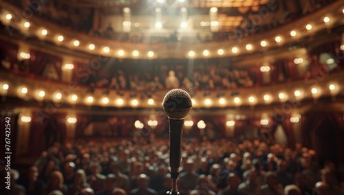 A microphone stands on the stage of an auditorium filled with people, blurred background Generative AI