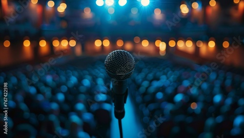A microphone stands on the stage of an auditorium filled with people, closeup with a blurred background Generative AI