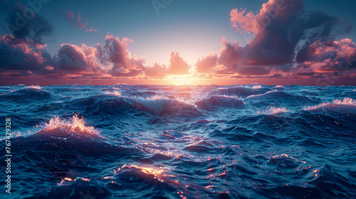 Wavy sea with sunset as wind energy source concept
