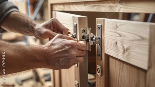 Woodworker fitting a hinge on wooden furniture. Precision and skill in carpentry. Concept of home renovation, manual skill, woodwork precision, and furniture assembly.