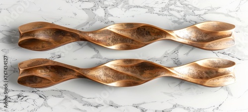 Copper-toned sculpted drawer handles on a marble backdrop. Elegant kitchen pulls with a unique design. Concept of modern home interior, kitchen elegance, and custom cabinetry. Top view