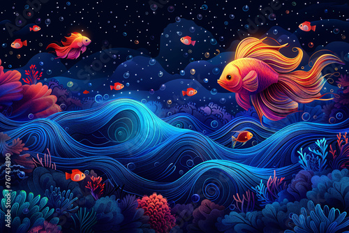 the abstract background is decorated with doodles of waves, cute fish and colorful underwater creatures swimming happily